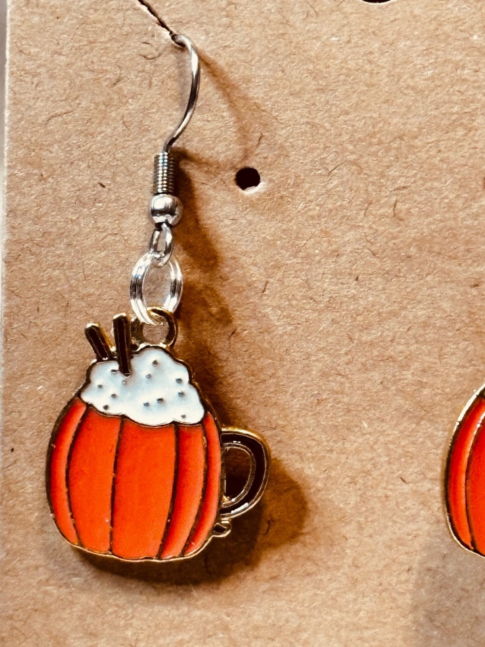 Handmade Pumpkin Spice Latte Earrings Fall Coffee Enamel Stainless Steel Dangles - Picture 3 of 6